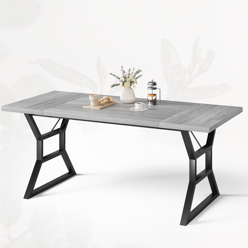 Dining Room Table For 6, 70 Inch Rectangular Kitchen Table With Heavy Duty Metal Legs, Gray