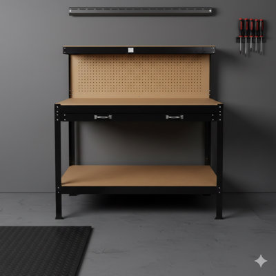 Établi en acier avec rangement pour outils, table d'atelier avec tiroir et panneau perforé, largeur de 63 po