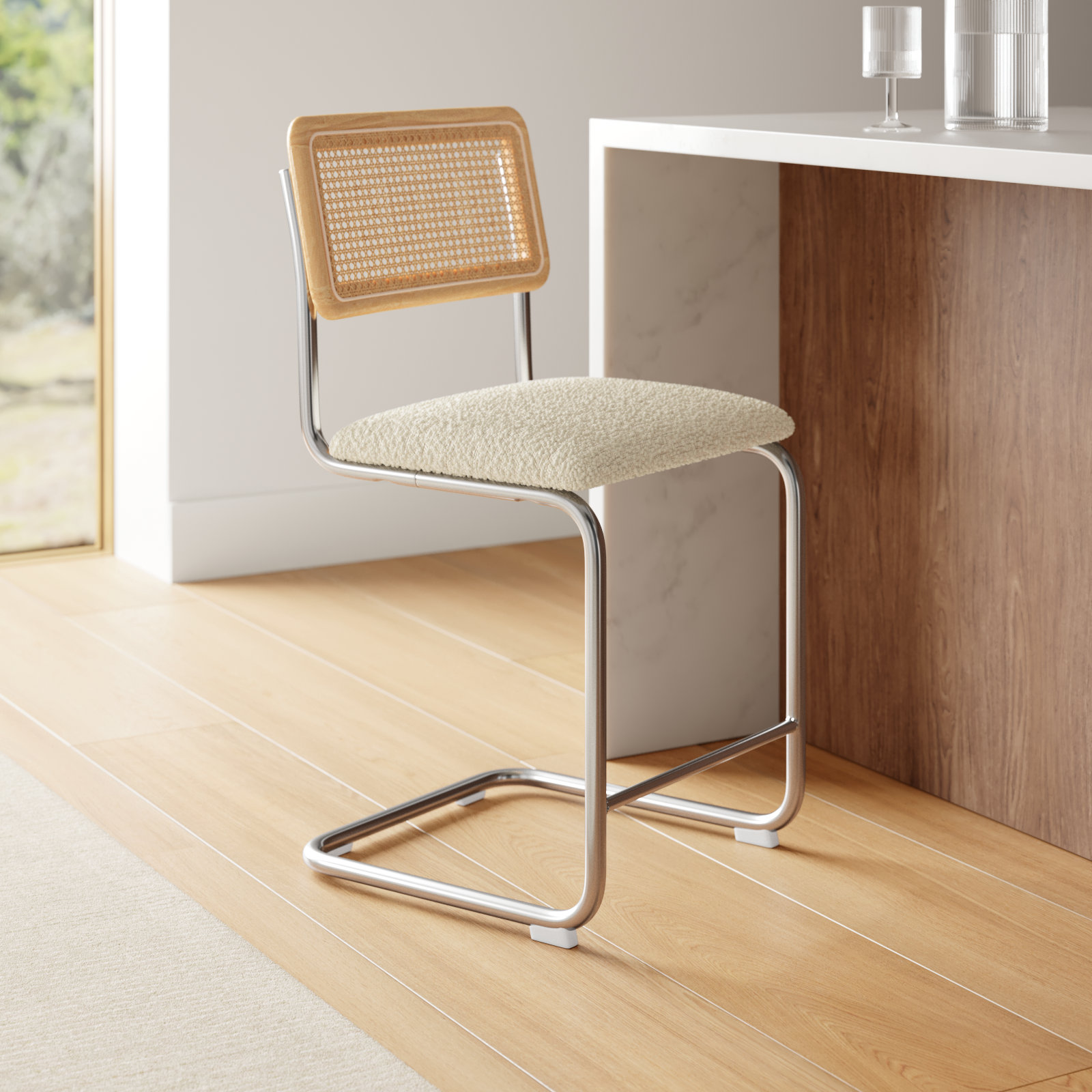 Walsh Bar and Counter Stool, Counter Stool (24” Seat Height), White Boucle/ Chrome Frame