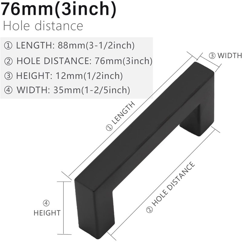 Poignées de meuble carrées noires de 76 mm (3 pouces) d'entraxe, paquet de 10 poignées de tiroir en acier inoxydable, 3", 10
