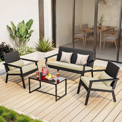 Maryville 4-Piece Outdoor Patio Conversation Set with Cushions and Wicker-Style Frame