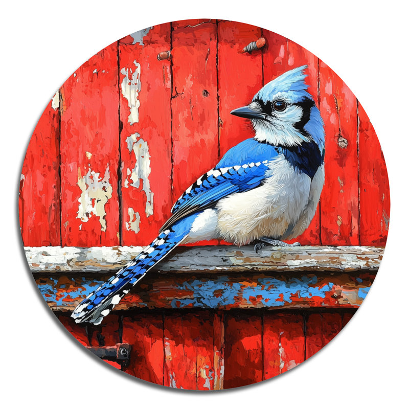 «Blue Jay» par The Red Barn II - oiseau rond, impression sur métal bleu moderne, H 29 po x l 29 po