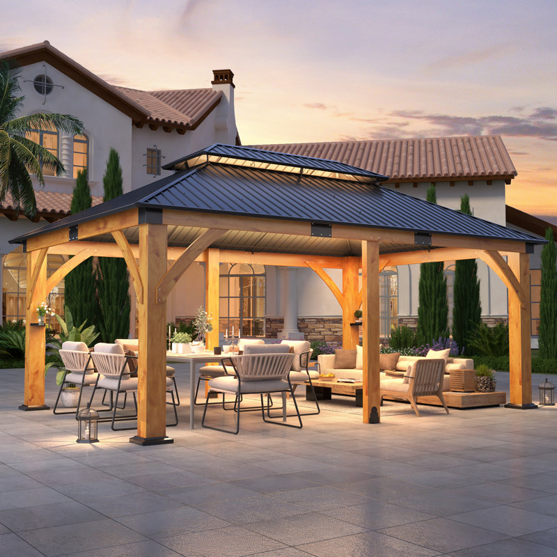 Outdoor Spruce Wood Hardtop Gazebo, Patio Double Roof Galvanized Steel Hardtop Gazebo for Patio, Deck, Backyard, Lawn, and Garden