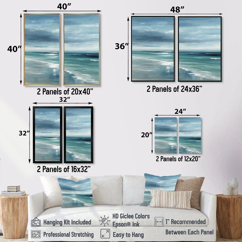 «Coastal Waves» dans des tons bleus et blancs - art mural côtier, impression sur toile 2 pièces, H 36 po x l 48 po, Crème