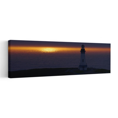 Phare au coucher du soleil paisible, art serein abstrait océan côtier