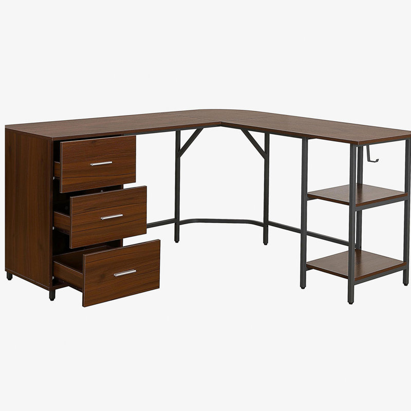 Two-tone L-shaped home office desk with storage, walnut color