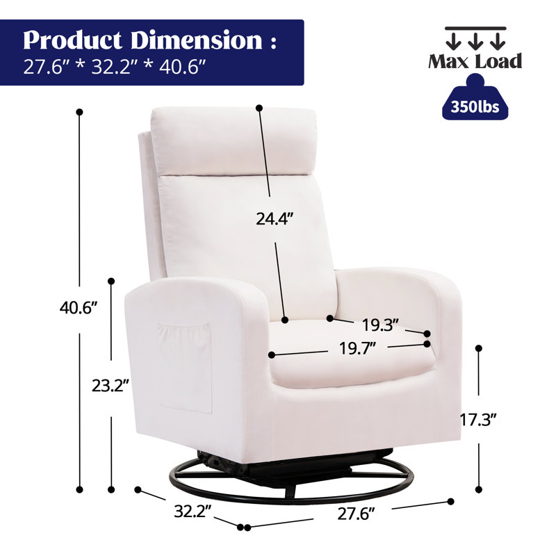 28" Upholstered Swiel  Chir with High Back, White Velvet