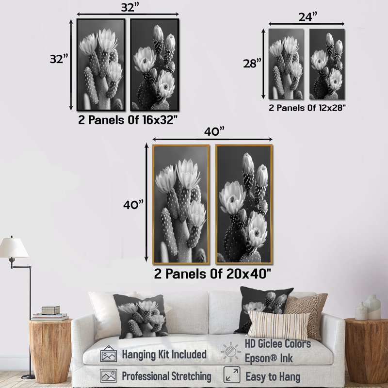Cactus monochrome gris Botanical Bliss I - ensemble de 2 cactus floraux, Toile tendue, H 28 po x l 24 po