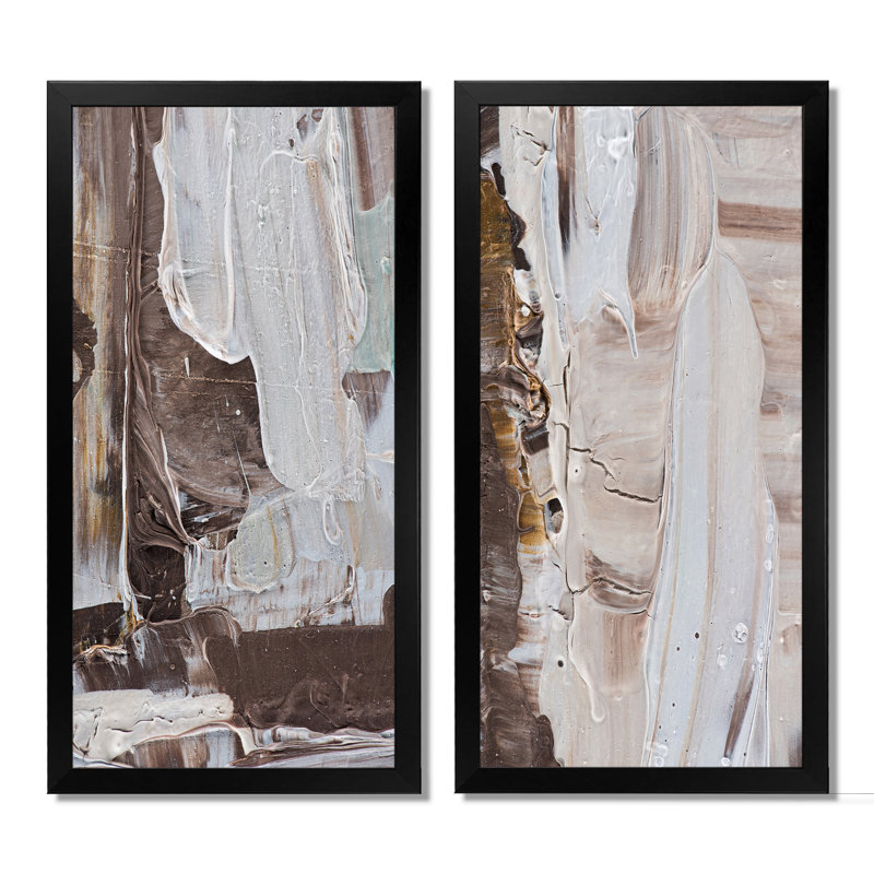 «Beige Brown Brush Strokes», ensemble de 2 peintures sur toiles, H 40 po x l 40 po x P 1 po, Cadre photo noir
