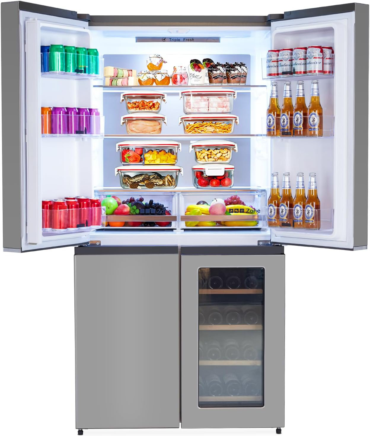 4 Door French Door Refrigerator, 21 Cu.Ft Counter Depth Stainless Steel Refrigerators, Multifunctional Fridges with Freezer, Refresh, and Wine Cooler | Fridge.com