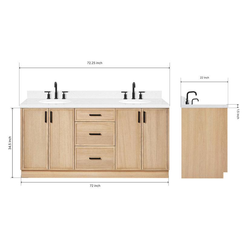 ARIEL Kelly 72 Double Sink Bathroom Vanity with Carrara Quartz Top, Oak