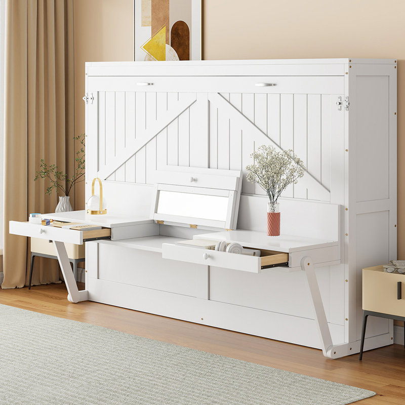 Lit escamotable mural avec rangement, armoire pliable, bureau de coiffeuse, miroir central et 2 tiroirs latéraux, Blanc