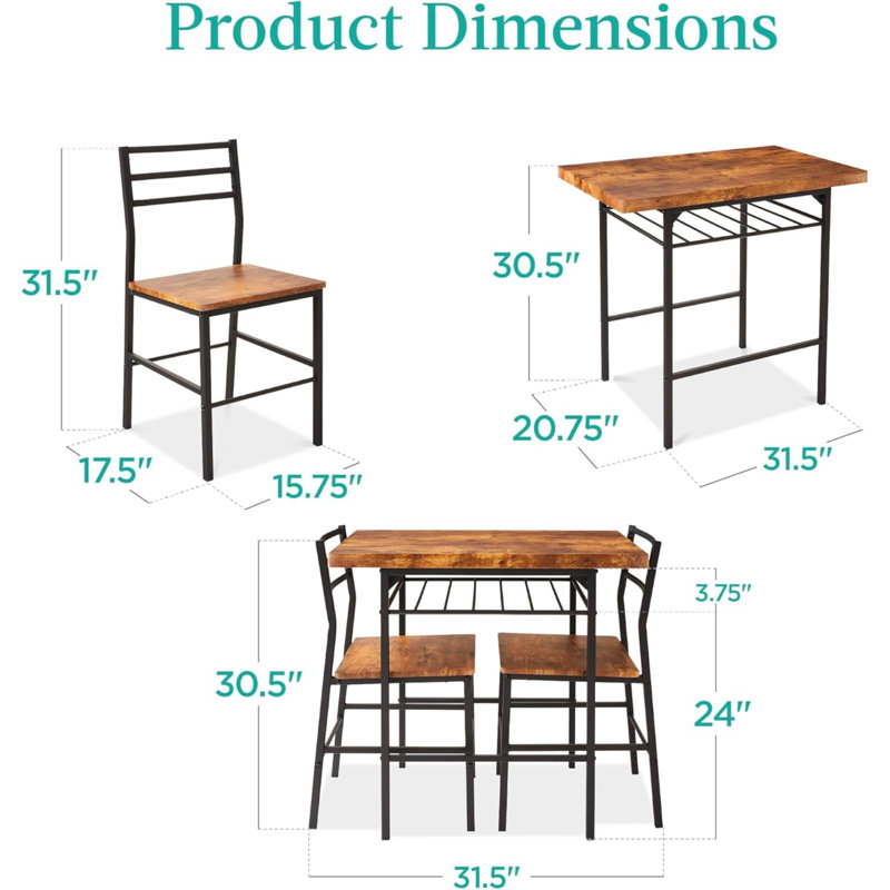 Ensemble de salle à manger 3 pièces Best Best, salle à manger peu encombrante pour la cuisine, la salle à manger, la structure avec cadre en acier et support de rangement intégré