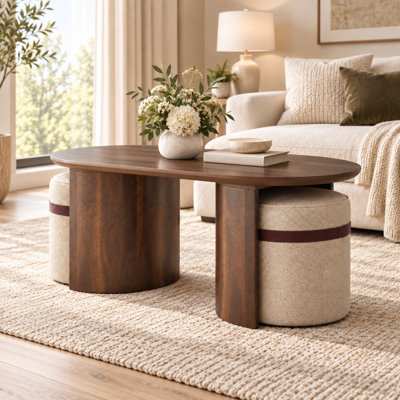 Ensemble de table basse ovale en bois avec 2 poufs gigognes