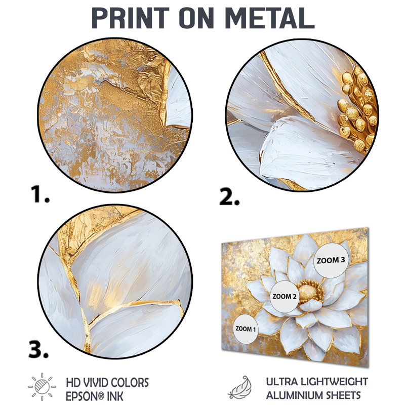 Golden Lotus White Dream II - décoration murale florale en métal, impression sur métal Lotus, H 30 po x l 40 po x P 0,84 po