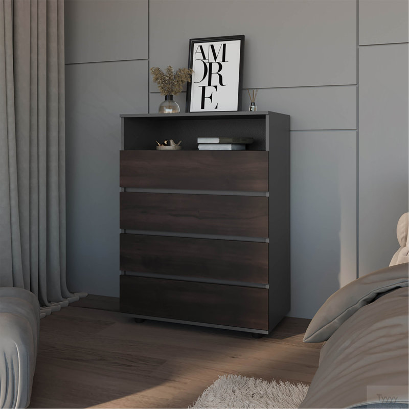 Commode 4 tiroirs en noyer teinté avec tablette ouverte