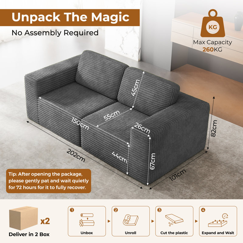 2 Seater Corduroy Sofa, Grey