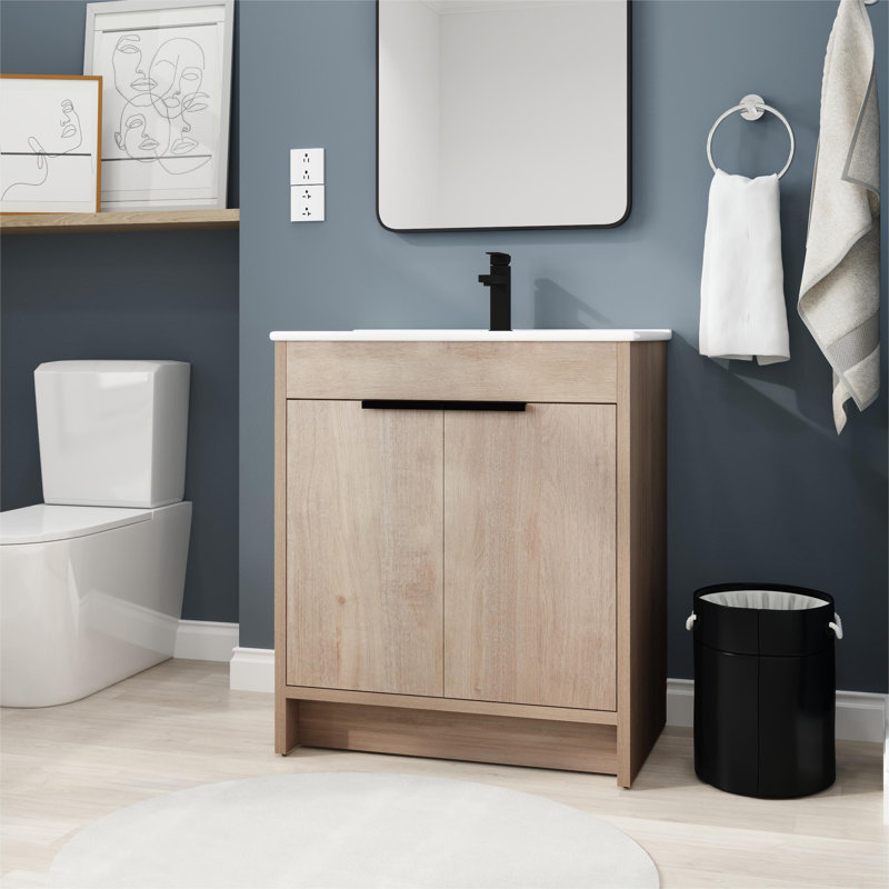 Meuble-lavabo simple autoportant 30 po avec comptoir en céramique Barrero, Blanc, Chêne clair uni