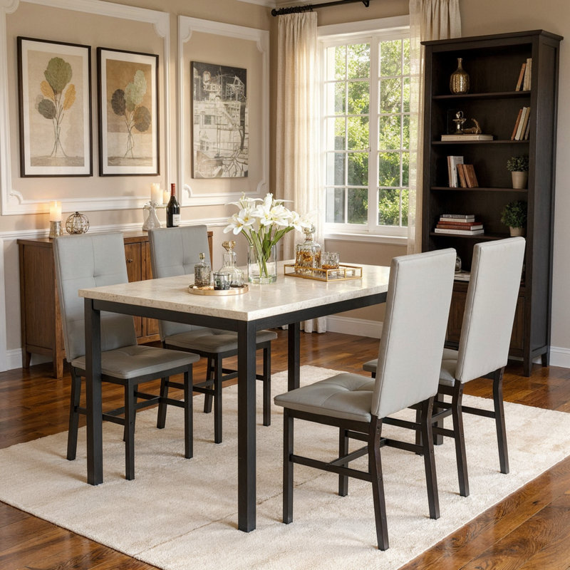 Dining Table Set For 4, 5-Piece Modern Kitchen & Dining Room Table Sets, Faux Marble Kitchen Table With 4 PU Leather Chairs For Small Space, Dinette, Breakfast Nook, Kitchen