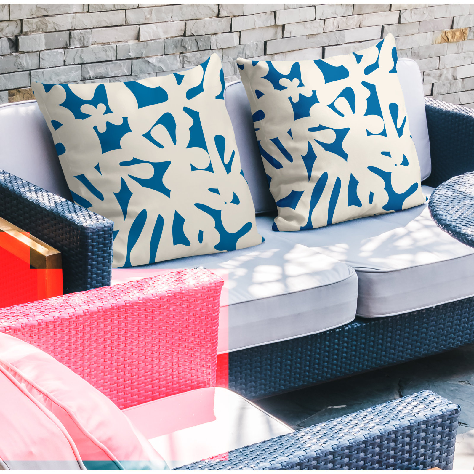 Lara Indoor/Outdoor Throw Pillow, 17" x 17", Turquoise/Off White