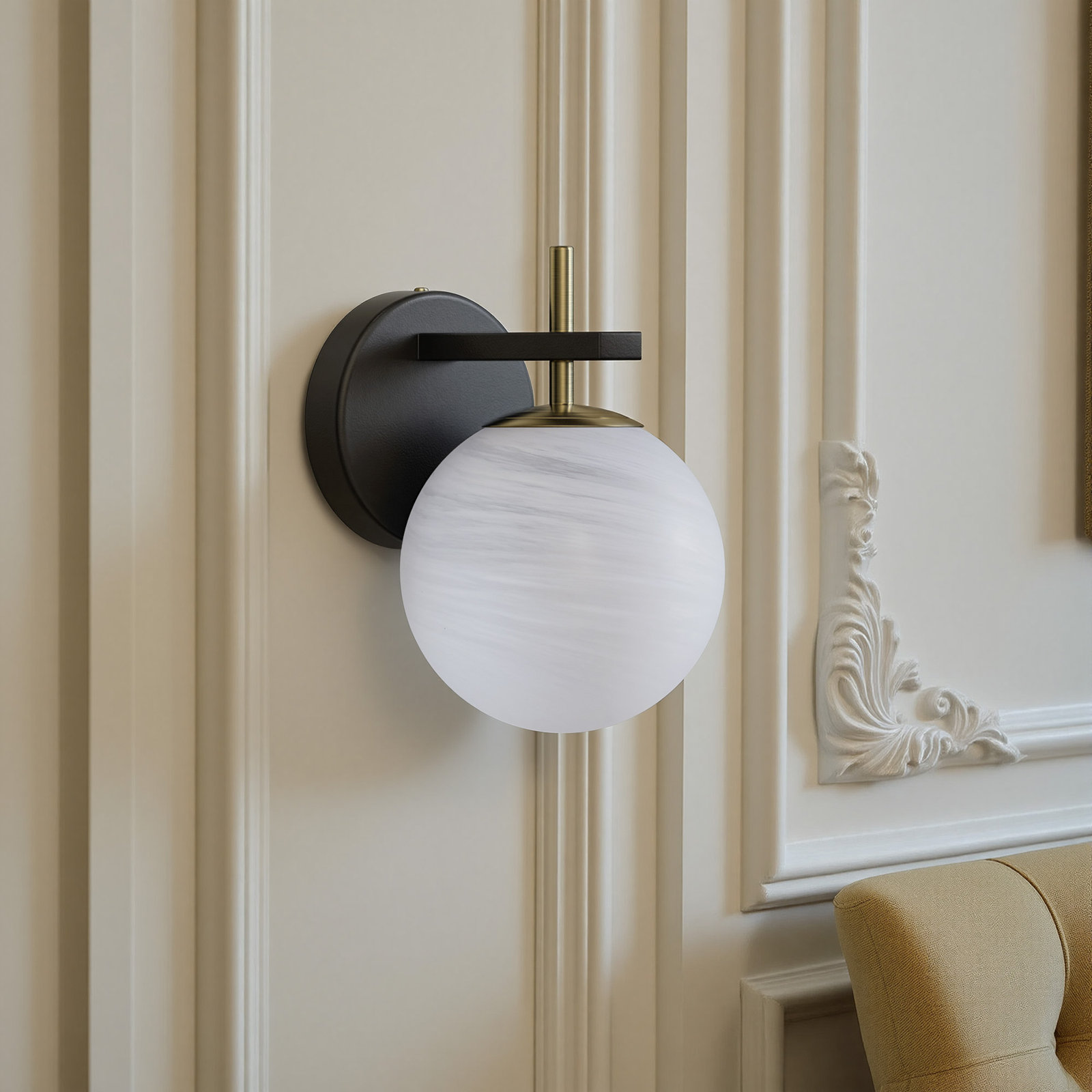 Lio 1 - Light Dimmable Iron Etl Bathroom Vanity Light With Round Shape Cloud Glass Shade, Matte Black/ Polished Gold
