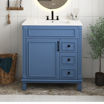 Meuble-lavabo bleu 30 po avec lavabo en céramique, armoire moderne avec 2 tiroirs et tablette réglable
