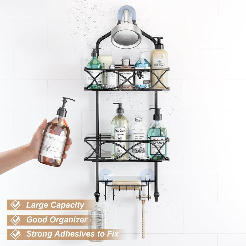 Three-tier Hanging Shower Caddy with Hooks, Bathroom Shower Organizer