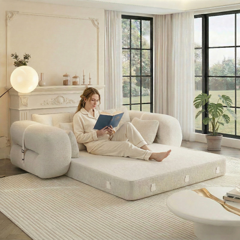 Canapé-lit de 78,7 pouces 3-en-1 en tissu Teddy, Blanc