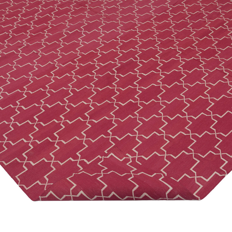 Pink Geometric Dhurrie Cotton Rug - 10' x 14'
