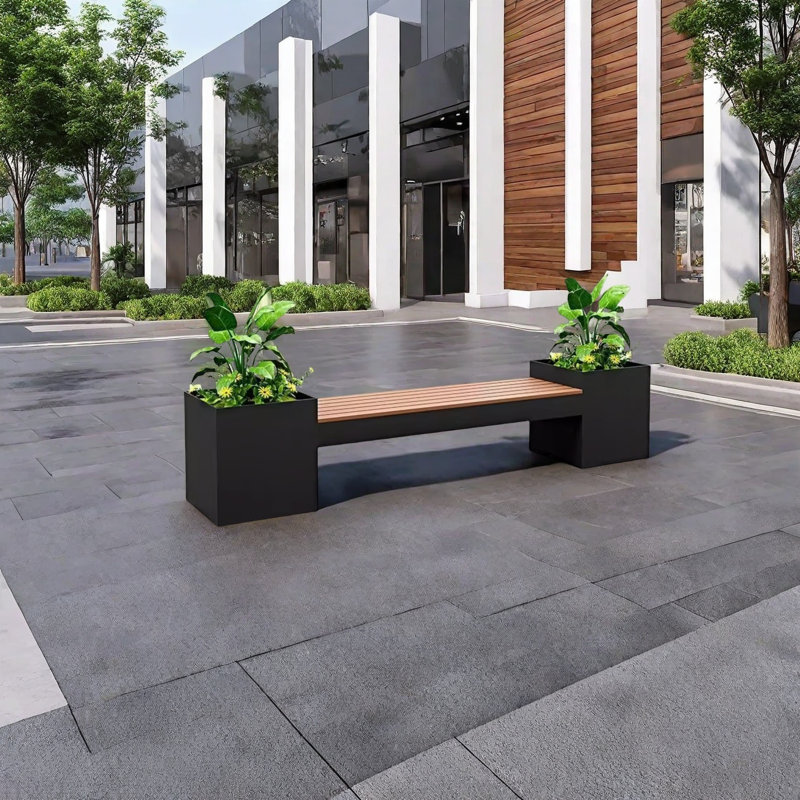 Metal Bench with Planter, 19.69" H x 94.49" W x 15.75" D, Black