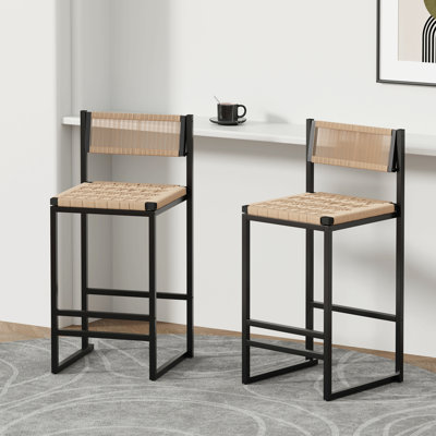 Set Of 2 Woven Bar Stools With Backrest Paper Rope Weave Dining Chairs For Kitchen Island