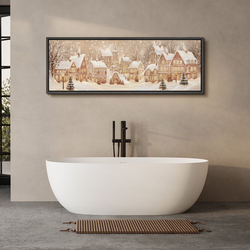 Grande impression sur toile encadrée, impression de scène de ville enneigée pour les fêtes de Noël, H 20 po x l 60 po, Noir