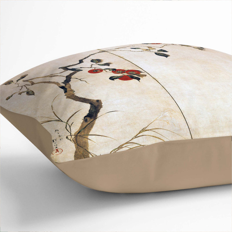 Persimmon Tree by Sakai Hoitsu Cushion with Filling, 40cm H x 40cm W x 15cm D, Stone
