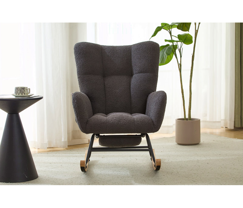 Fauteuil à bascule à oreilles en tissu Teddy avec repose-pieds, fauteuil d'allaitement ergonomique avec rangement latéral, mouvement fluide, base en bois massif, confortable pour le salon et la chambre d'enfant