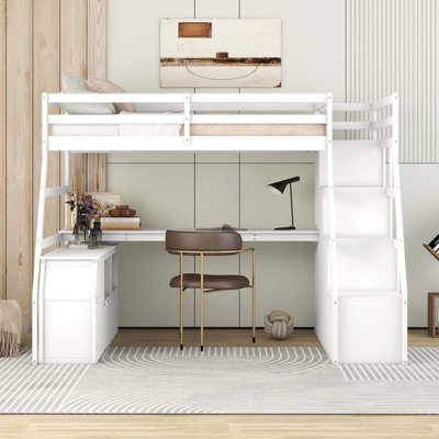 Lit mezzanine avec 7 tiroirs, 2 tablettes et un bureau