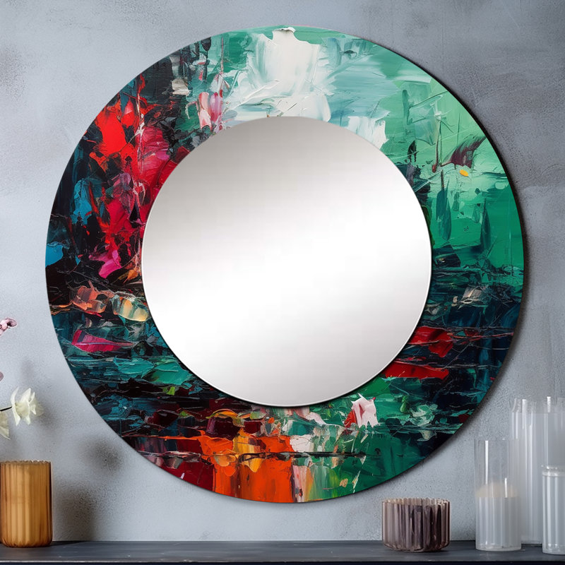 Textures rouges et vertes de l'esprit I - miroir décoratif abstrait, miroir mural rond moderne, impression d'art en métal