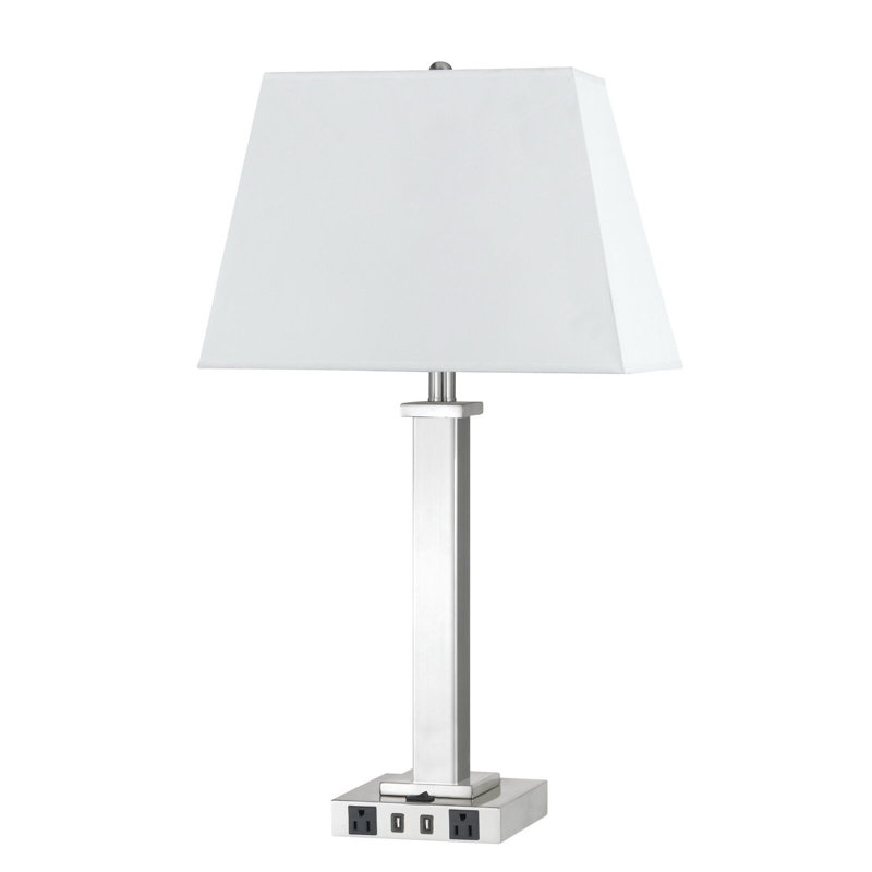 Lampe de chevet en acier brossé de 71 cm de hauteur avec abat-jour trapézoïdal en lin blanc, 100 W, culot E26, 2 ports USB et 2 prises de courant