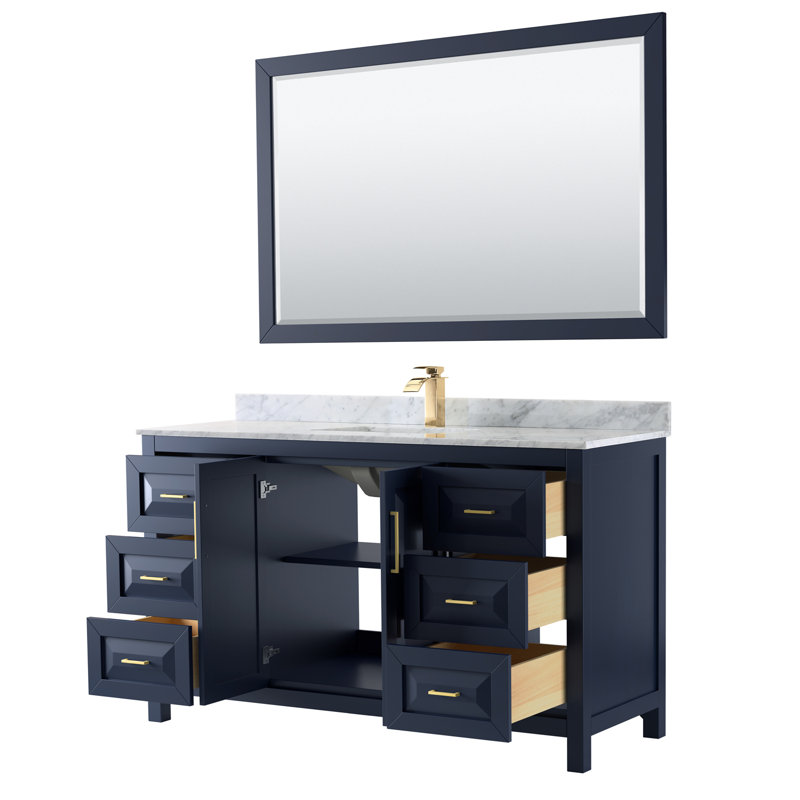 Daria 60'' W Single Vanity, Dark Blue, Brushed Gold, White Carrara Marble