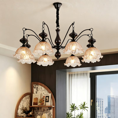 Suspension américaine vintage en frêne de 98 cm (38,58 po) avec abat-jour en verre festonné – Structure en bois massif, ambiance chaleureuse et moderne pour salon ou salle à manger