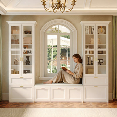 Bibliothèque 3 pièces avec banc pour fenêtre, portes en verre, siège rembourré, tiroirs de rangement et supports anti-basculement