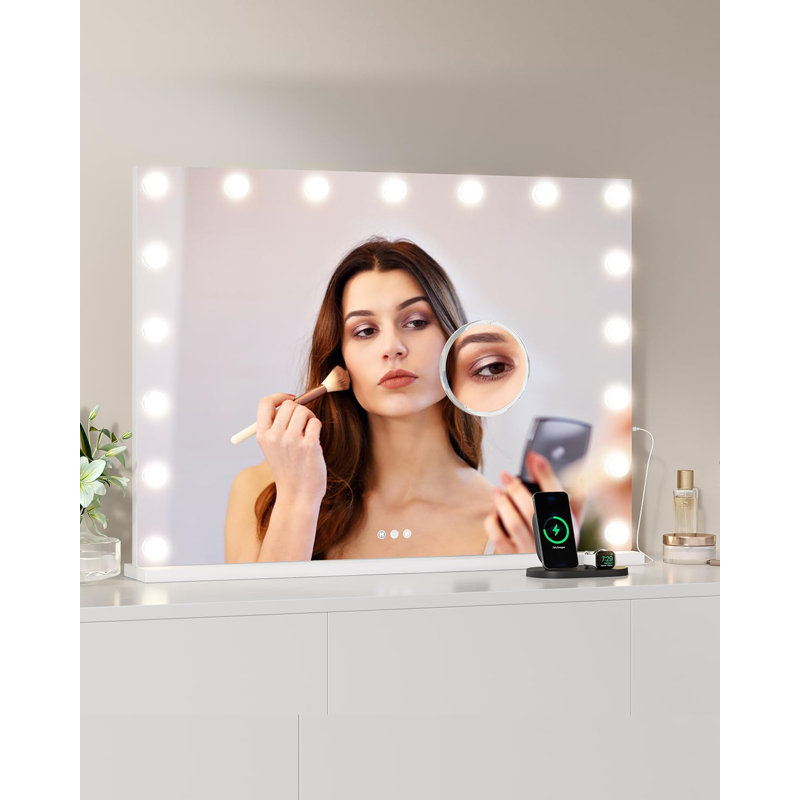 Miroir de maquillage lumineux avec 15 ampoules DEL, 3 modes de couleur, grossissement 3X, commande tactile, 24 po x 32 po