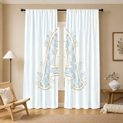 2 rideaux rayés bleus lettre A, tissu filtrant la lumière, imprimé botanique floral rétro, parasol et protection de la vie privée, conception à passe-tringle, pour le salon, la chambre à coucher, le balcon, la cuisine, décoration de maison