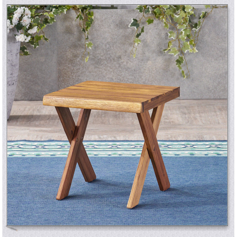 Handcrafted Acacia Wood Side Table With Sandblast Teak Finish For Outdoor Use And Rustic Charm