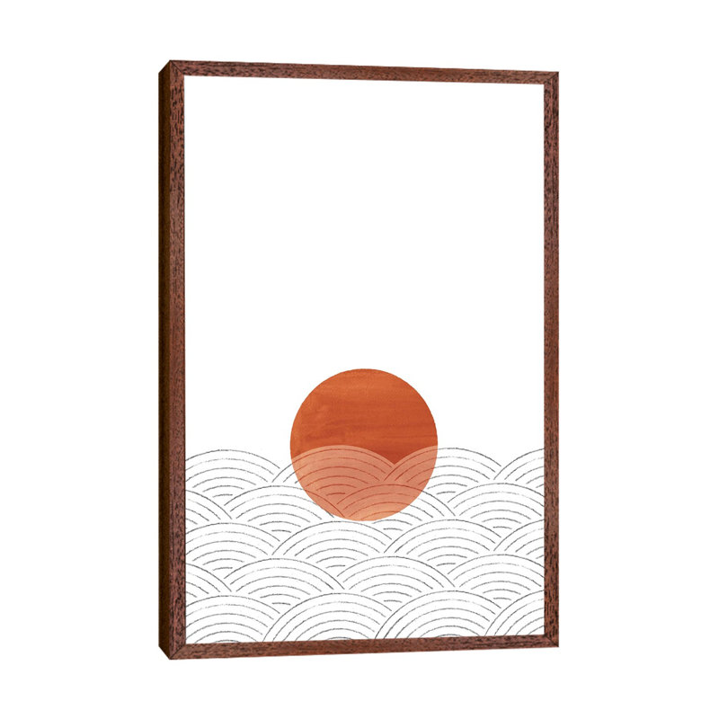 Abstract Terracotta Sunset And Waves by Whales Way - Painting on Canvas, Classic Brown Wood Framed