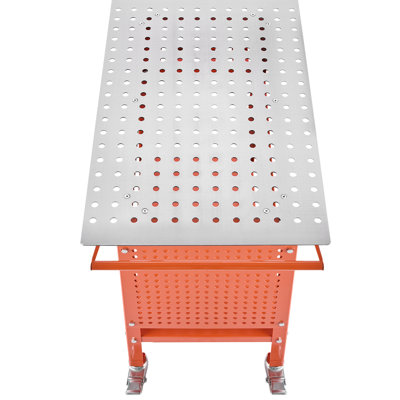 Établi de soudage 40 po x 24 po, poids statique de 800 lb, structure en acier dynamique de 600 lb, trous d'installation de 216 5/8 po, rangement à double couche, suspension latérale pour outils, 11 crochets, 4 roues à 2 freins, orange