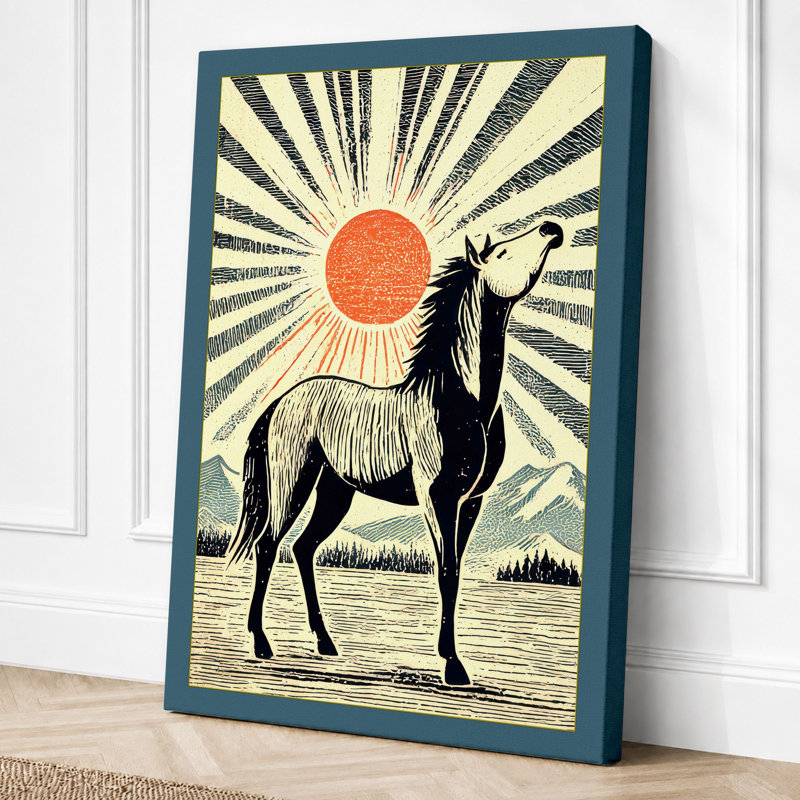 Llama at Sunrise Japandi 1 Piece Wrapped Canvas Wall Art, 30x20 - 76.2 x 50.8 cm, Teal Border