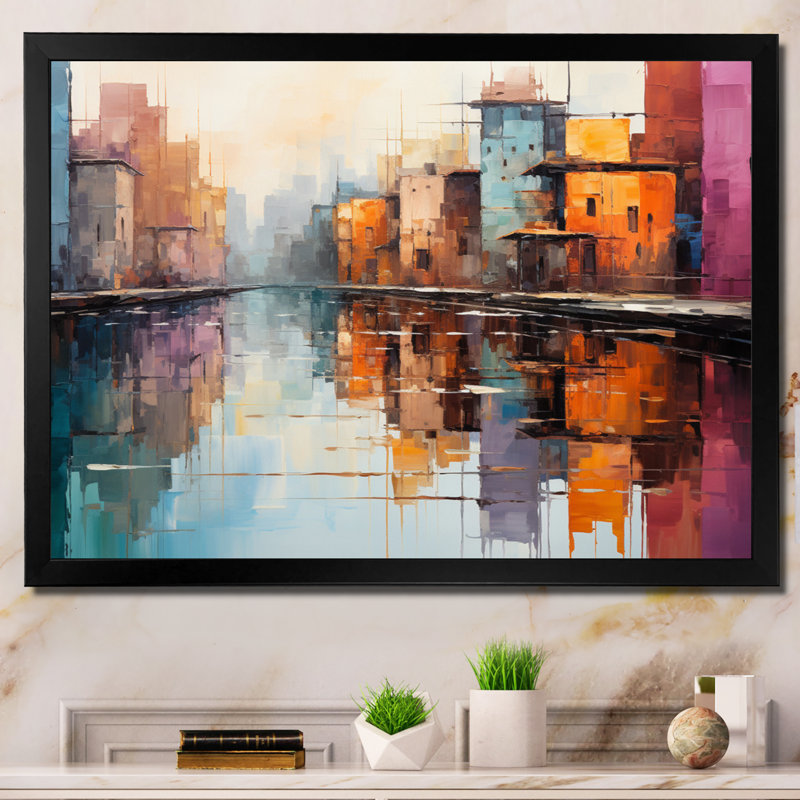 Orange Canal Abstract Reflections Bold, impression sur toile encadrée, Cadre flottant doré, H 12 po x l 20 po x P 1 po