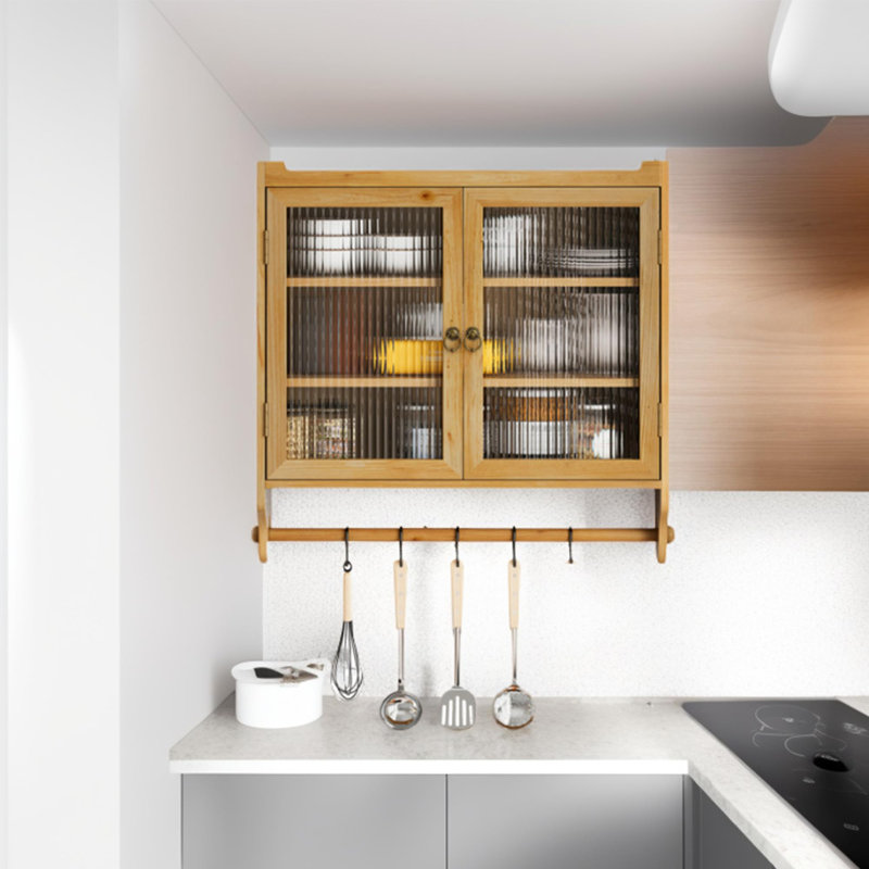 Wood Bathroom Wall Cabinet With Glass Doors, Natural