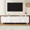 Meuble télé de style crème avec portes arquées et 2 tiroirs pour téléviseur de 75 po ou moins, console multimédia minimaliste avec dispositif de rebond, centre de divertissement avec 5 pieds ronds en fer