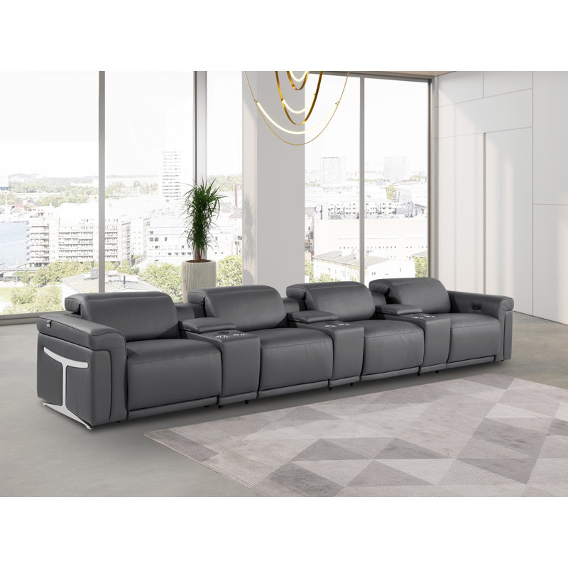 7-Piece 4-Power Reclining Italian Leather Sofa With Power Headrest, Dark Gray